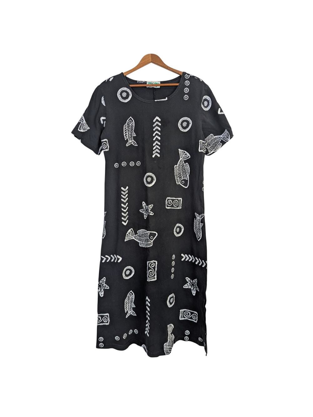 Vtg 1990s Midi Dress Short Sleeve Relaxed Black Fish Beach Vacation Medium